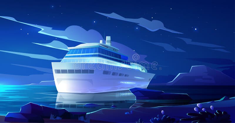 Cruise liner in ocean at night. Modern ship, boat