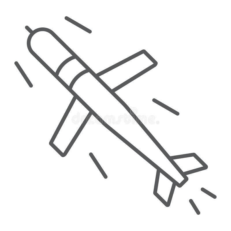 Cruise missile thin line icon, army and force, military bomb sign, vector graphics, a linear pattern on a white stock illustration