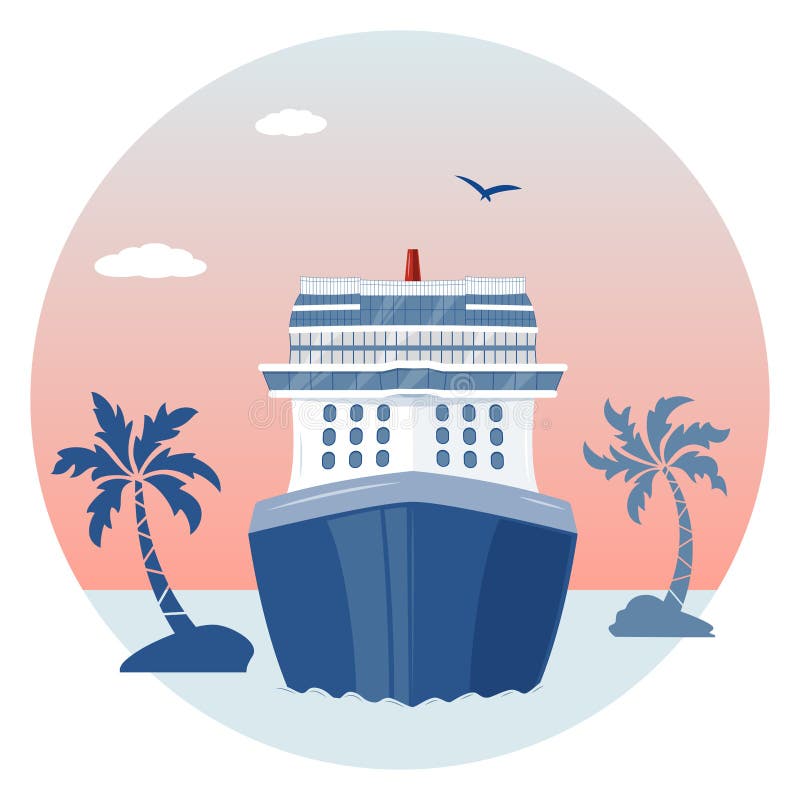 Cruise ship in the sea, front view, flat style illustration. Sea landscape with cruise liner, palm trees, clouds and bird.