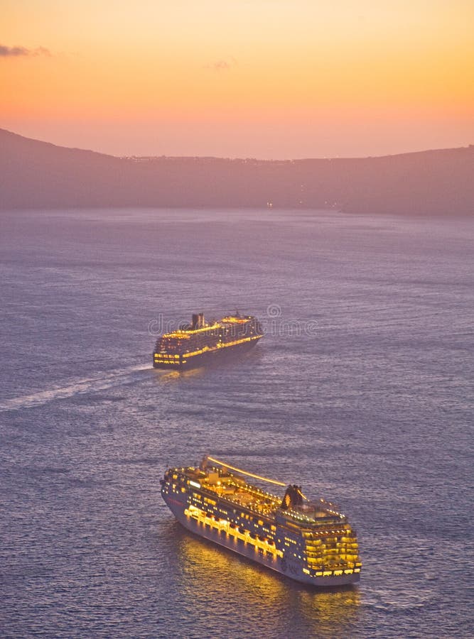 Cruise ships off the island of Santorini.