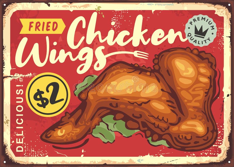 Crujiente ala de pollo frito sobre fondo rojo viejo stock de ilustración