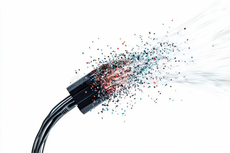 Crumbling network cables turning into pixel dust, abstract digital destruction, white background royalty free illustration