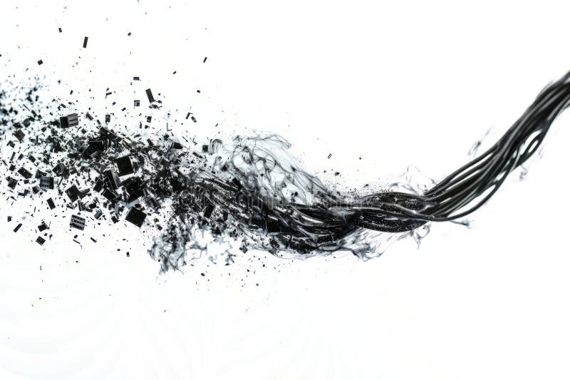 Crumbling network cables turning into pixel dust, abstract digital destruction, white background royalty free illustration