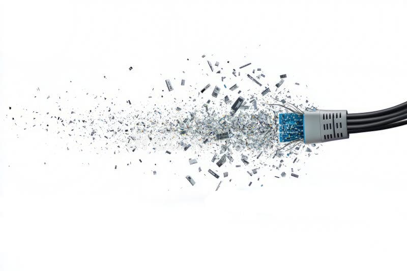 Crumbling network cables turning into pixel dust, abstract digital destruction, white background vector illustration