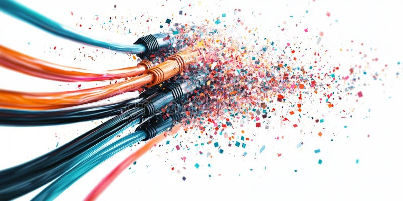 Crumbling network cables turning into pixel dust, abstract digital destruction, white background vector illustration