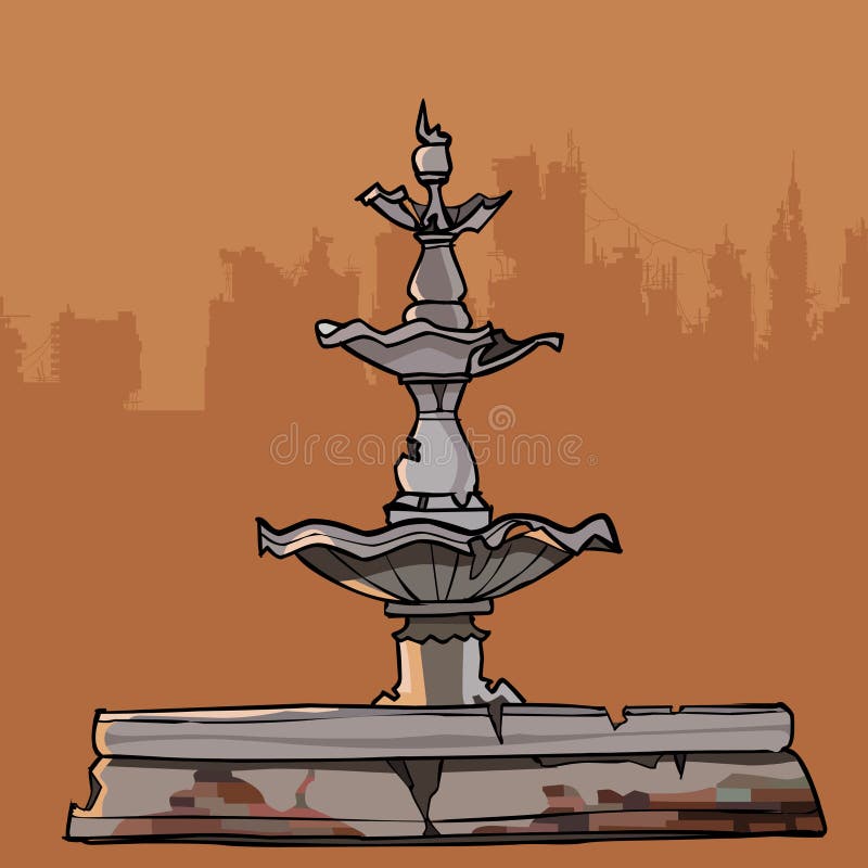 Crumbling old fountain with four bowls vector illustration