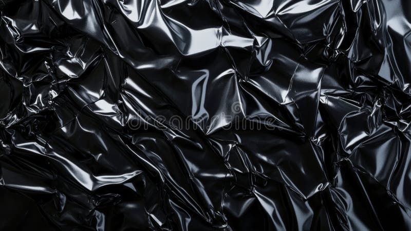 A crumpled black plastic poster with random folds and sharp creases. The high-gloss texture shines stock images