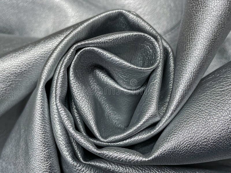 Close Up of Crumpled Grained Faux Leather, Dyed in Silver Colour. Stock