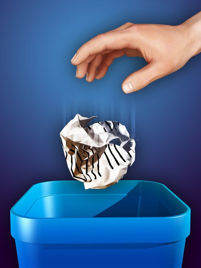 Hand dropping some crumpled paper in a trash can. Digital illustration.