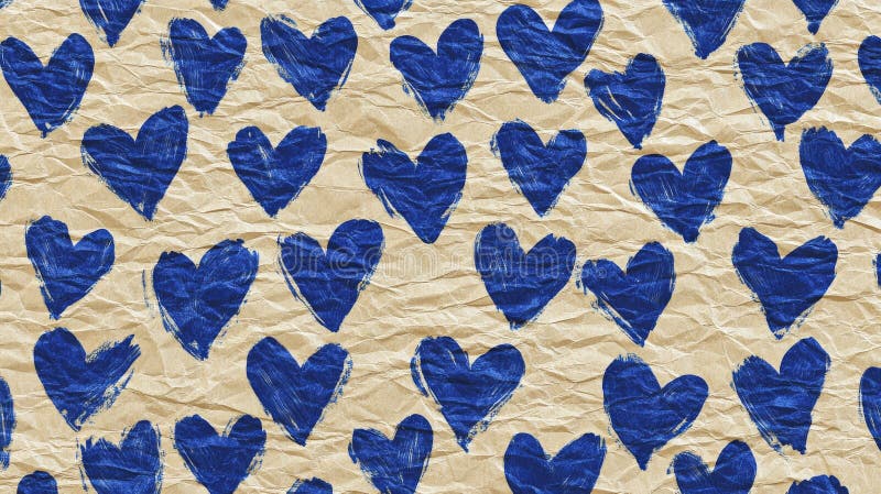 Crumpled vintage paper boasting a unique pattern of hand-painted black hearts stock photos