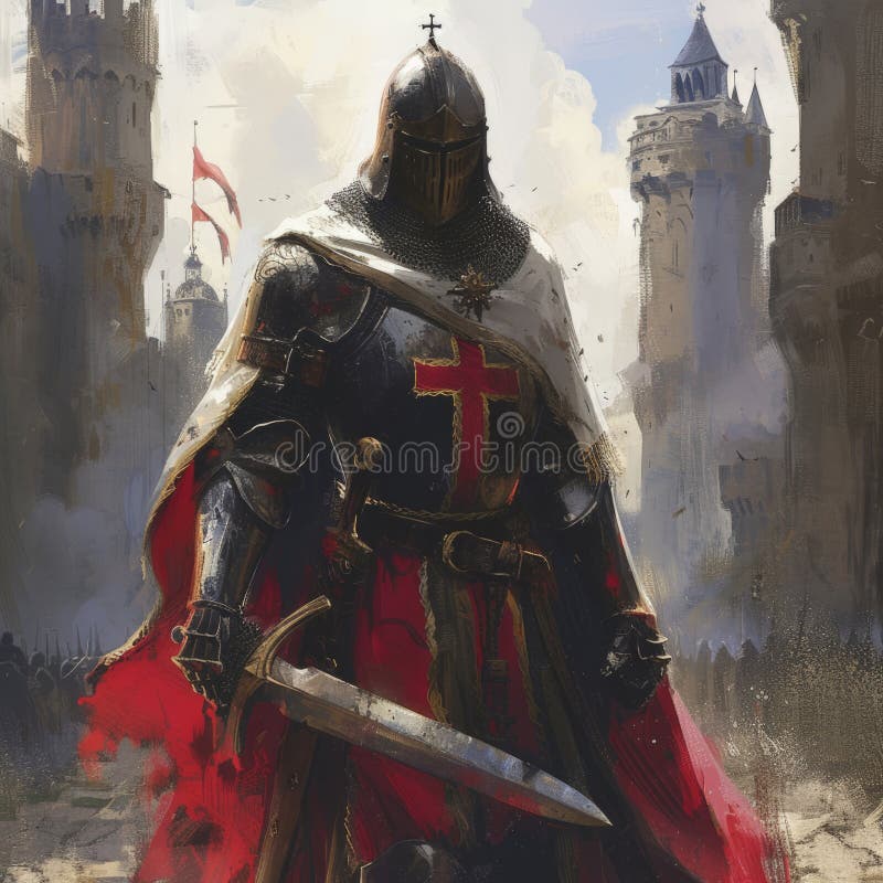 Crusader Knight with a Sword Against the Backdrop of an Ancient Castle ...