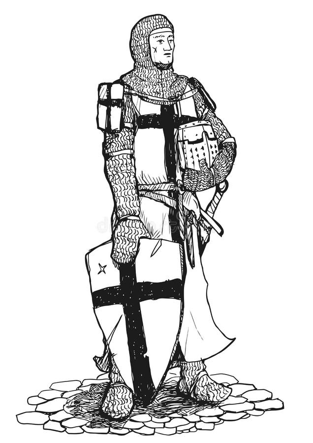 Black and white drawing of standing Crusader armed with sword, helmet and s...