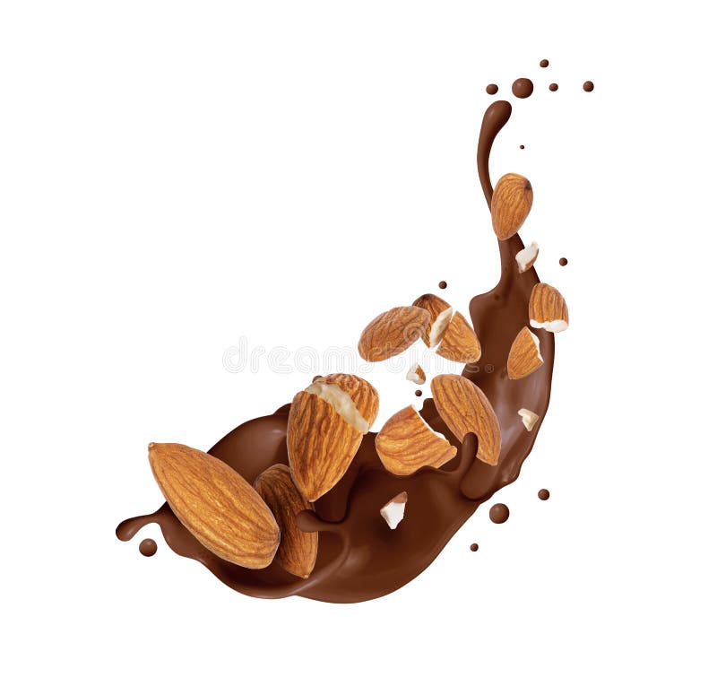 Crushed Almonds in Chocolate Splash on a White Background Stock Image