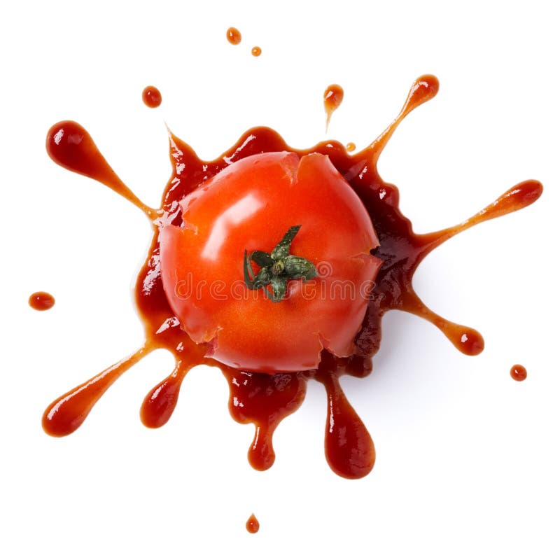 Splattered paradajka s kečupom izolované na bielom pozadí.