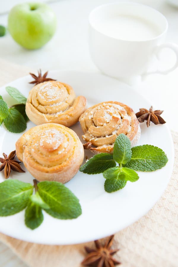Crusty Bread Rolls and a Cup of Fresh Milk Stock Image Image of