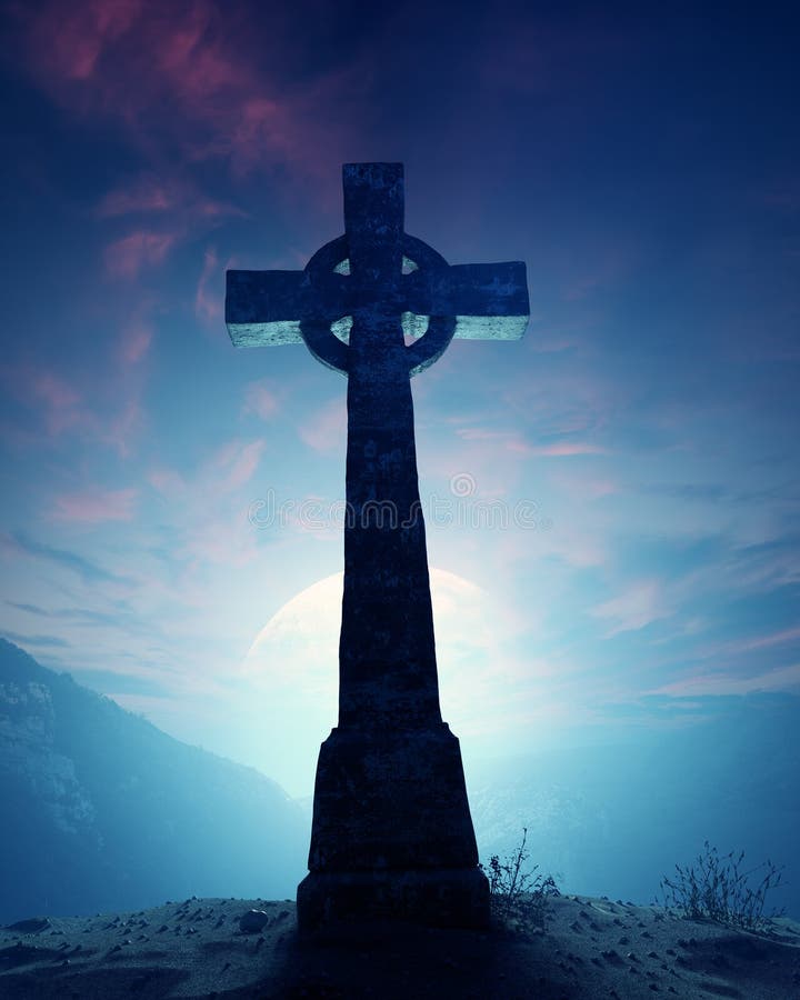 Celtic Cross with moon on crest of rocky mountain. Celtic Cross with moon on crest of rocky mountain