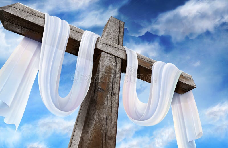 Empty cross with white fabric which indicates Christ's resurrection. Empty cross with white fabric which indicates Christ's resurrection