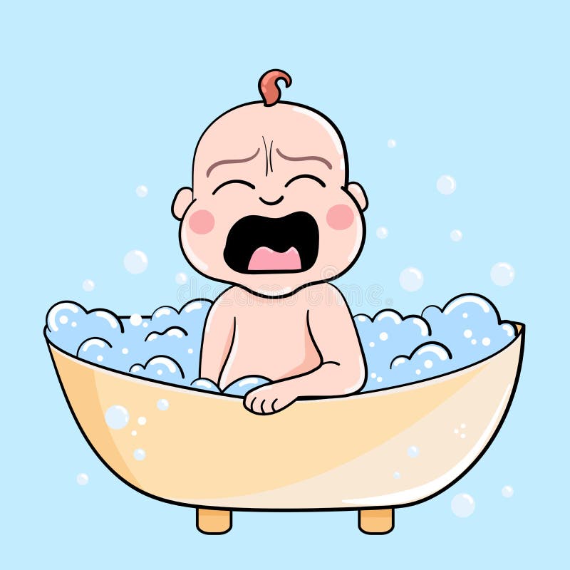 Cry Angry Baby Bathing with Foam and Bubbles. Vector Illustration Stock