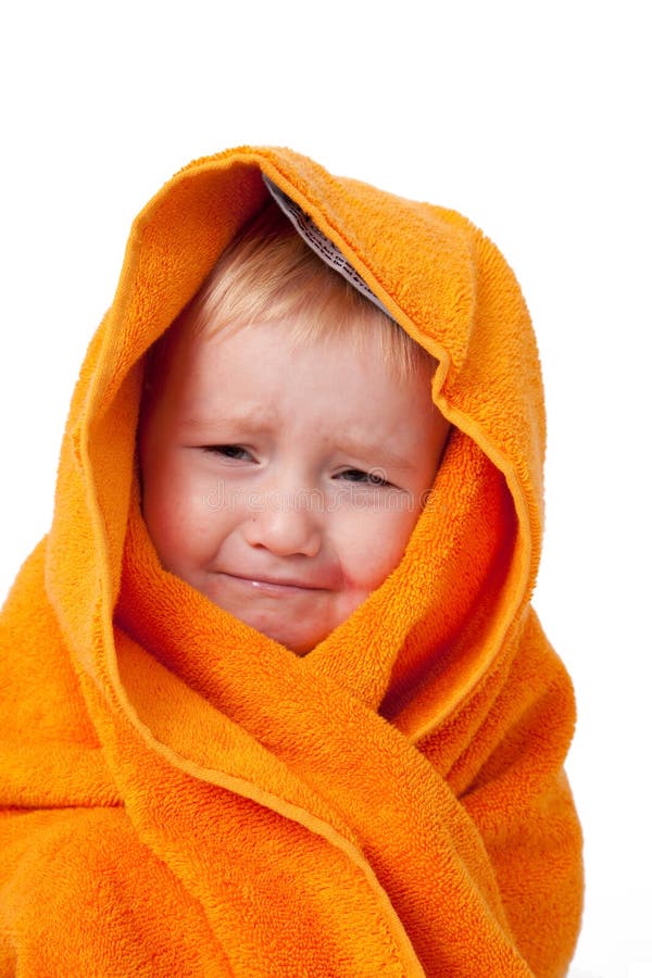 Crying child after bath stock photo. Image of isolated - 11950514