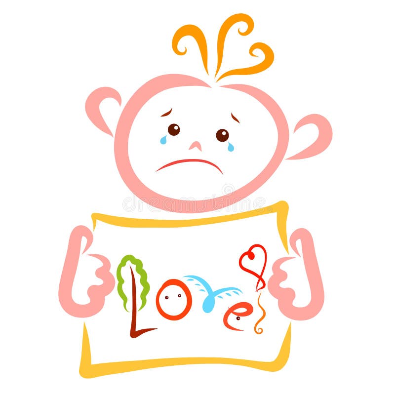 A crying child holding a leaf with the creative word Love royalty free illustration A crying child holding a leaf with the creative word Love royalty free illustration