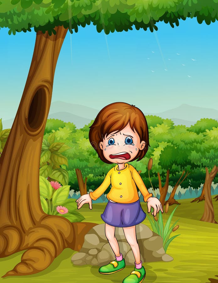 Cute Sad Guilty Little Girl in Blue Dress. Cartoon Stock Vector