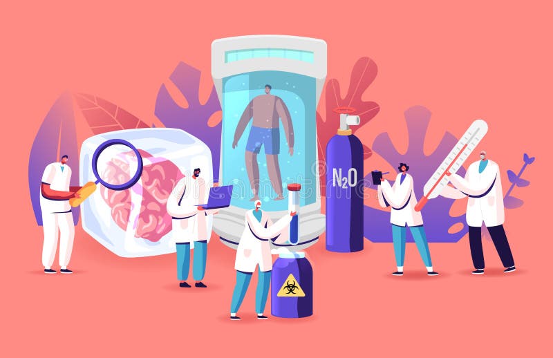 Cryonics Technology Concept. Tiny Scientists Characters Use Futuristic Equipment for Hibernation, Cryogenic Camera with Human Inside. Capsule with Brain in Cryogen. Cartoon People Vector Illustration. Brain sleeping vectors