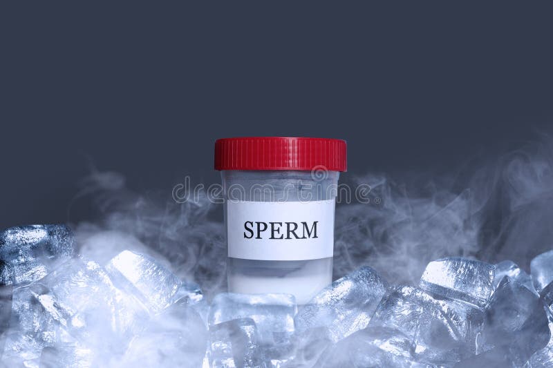 Cryopreservation. Container with Sperm and Ice Cubes on Grey Background