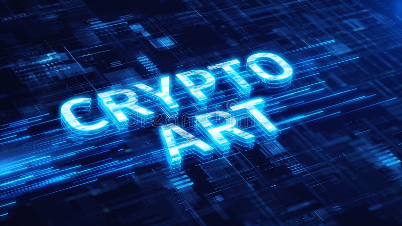 Crypto art concept. NFT - Crypto art nonfungible tokens on blue technology background royalty free illustration