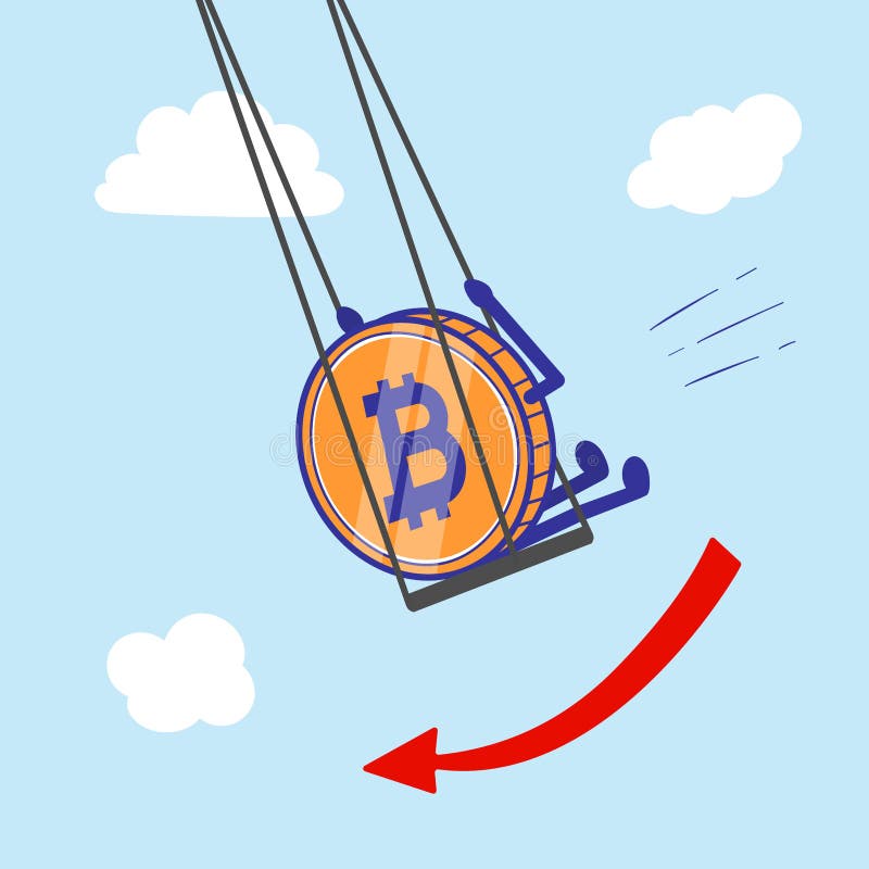 Crypto currency Bitcoin on swing decrease and fall in the air vector illustration. Flat style. Decrease icon vector vectors