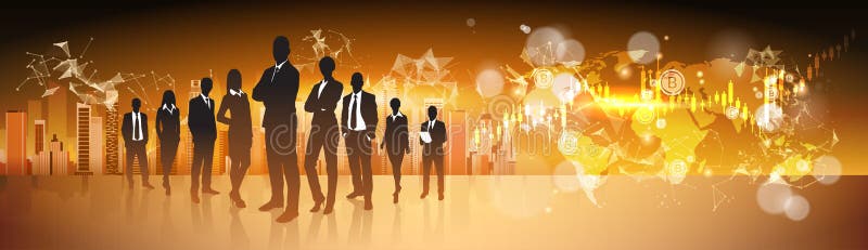 Concept monedă criptografică siluetă oameni de afaceri grup stând peste harta mondială cu bitcoin digital monedă web vector illustration
