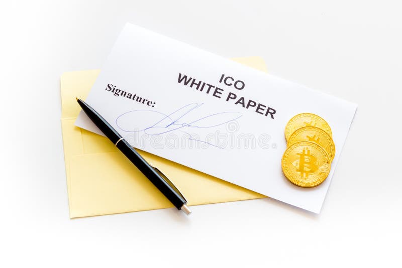 Initial Coin Offering Ico White Paper Bitcoin Pen On White Background Stock Photo Image Of Business Startup
