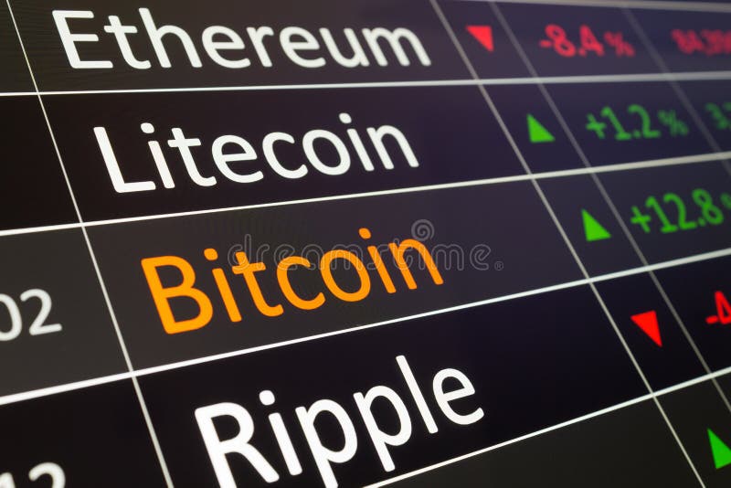 Crypto handeldiagram för att köpa och att sälja Bitcoin, stjärn-, Ethereum och Litecoin