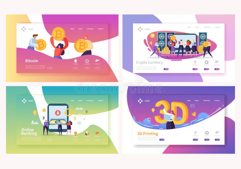 Crypto walut Online bankowość lądowania strony set 3d druku Online technologia Wymiana Walut Wirtualny Blockchain ilustracji