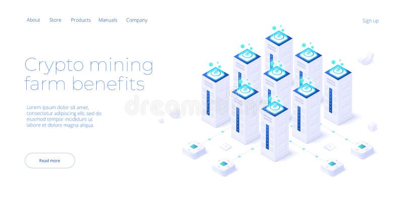 Cryptocoin mining farm layout. Cryptocurrency and blockchain network business isometric vector illustration. Crypto currency vector illustration