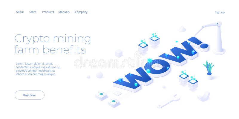Cryptocoin mining farm layout. Cryptocurrency and blockchain network business isometric vector illustration. Crypto currency royalty free illustration