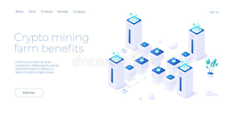 Cryptocoin mining farm layout. Cryptocurrency and blockchain network business isometric vector illustration. Crypto currency royalty free illustration
