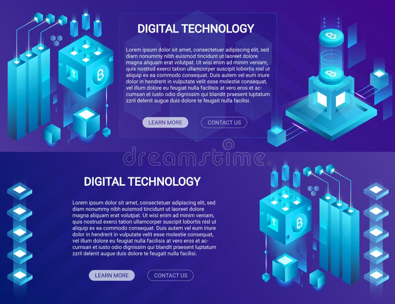 Cryptocurrency, bitcoin, blockchain isometrische horizontale banners met Webplaats van tekst en knopen stock illustratie