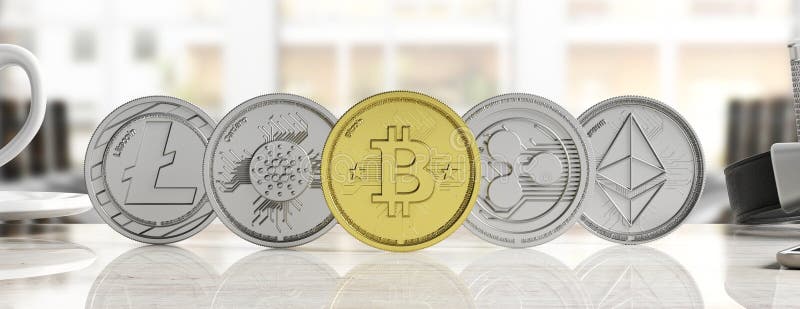 Cryptocurrency Bitcoin et variété d'or de pièces de monnaie virtuelles argentées sur le fond de tache floue, bannière, vue de fac illustration libre de droits Cryptocurrency Bitcoin et variété d'or de pièces de monnaie virtuelles argentées sur le fond de tache floue, bannière, vue de fac illustration libre de droits