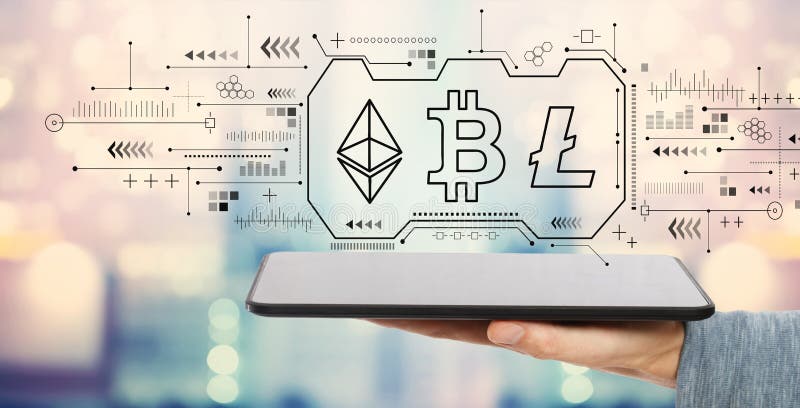 Cryptocurrency - Bitcoin, Ethereum, Litecoin con il computer della compressa illustrazione di stock
