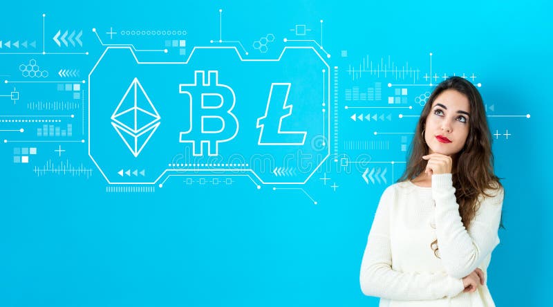 Cryptocurrency bitcoin ethereum litecoin con joven mujer fotografía de archivo