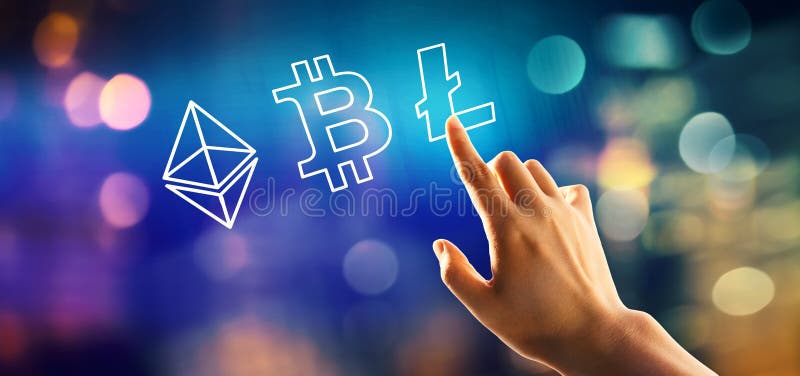 Cryptocurrency - Bitcoin, Ethereum, Litecoin con lo stampaggio a mano un bottone royalty illustrazione gratis