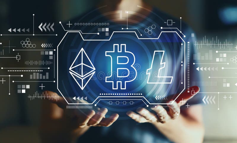 Cryptocurrency - Bitcoin, Ethereum, Litecoin met de jonge mens royalty-vrije stock fotografie Cryptocurrency - Bitcoin, Ethereum, Litecoin met de jonge mens royalty-vrije stock fotografie