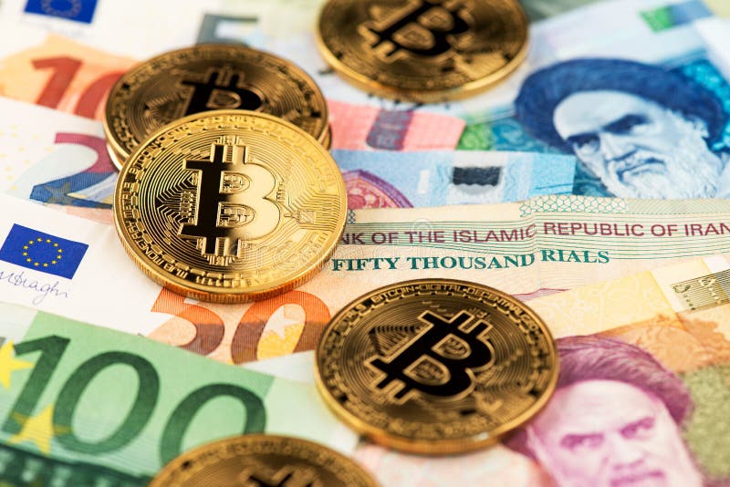 Cryptocurrency Bitcoin inventa o dinheiro virtual com dinheiro do Euro e do rial iraniano imagens de stock Cryptocurrency Bitcoin inventa o dinheiro virtual com dinheiro do Euro e do rial iraniano imagens de stock