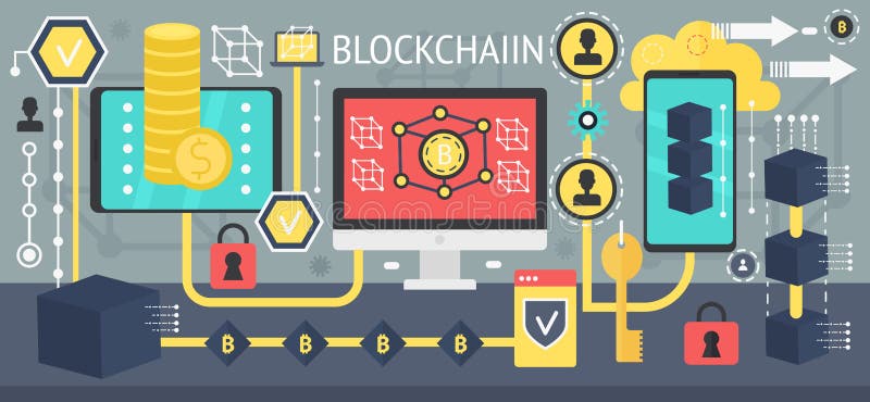 Cryptocurrency bitcoin和blockchain网络技术概念 在一个网络连接的不同的设备 向量 皇族释放例证 Cryptocurrency bitcoin和blockchain网络技术概念 在一个网络连接的不同的设备 向量 皇族释放例证