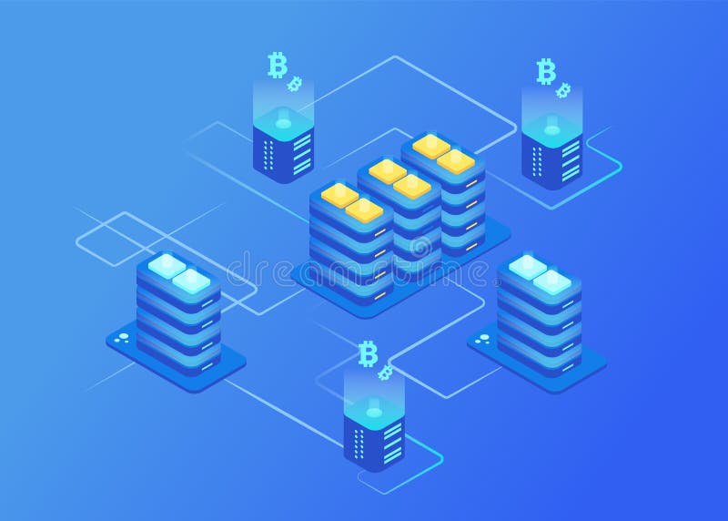 Cryptocurrency and blockchain. Bitcoin mining farm. vector illustration Cryptocurrency and blockchain. Bitcoin mining farm. vector illustration