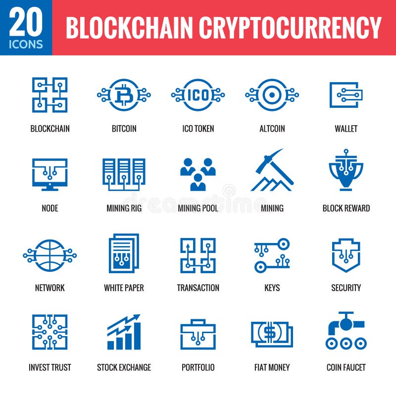 Cryptocurrency Blockchain - 20 значков вектора Современный комплект знака технологии сети компьютера Символы цифров графические B иллюстрация штока Cryptocurrency Blockchain - 20 значков вектора Современный комплект знака технологии сети компьютера Символы цифров графические B иллюстрация штока