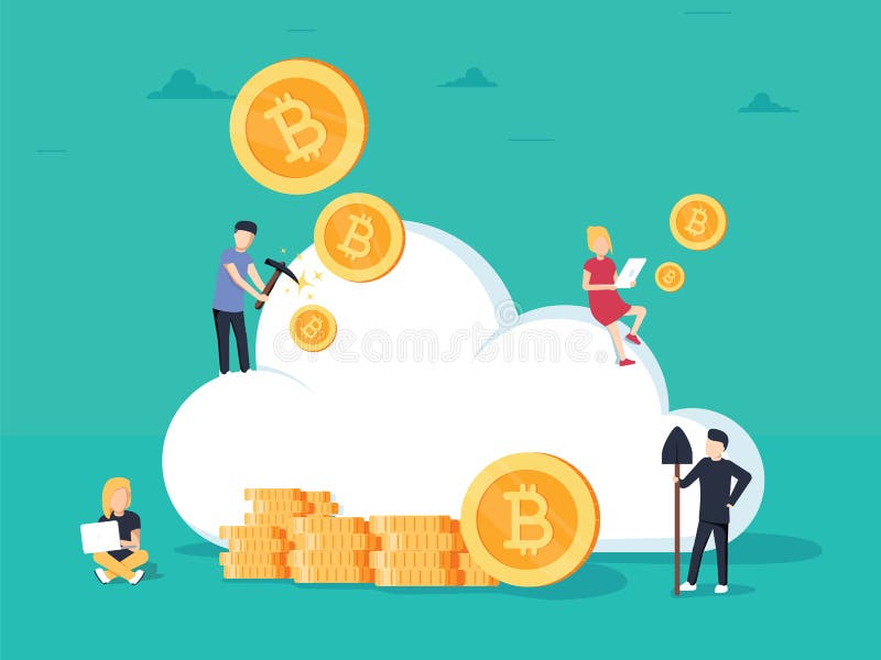 Cryptocurrency cloud mining. Flat design style web banner of blockchain technology, bitcoin and altcoins vector illustration