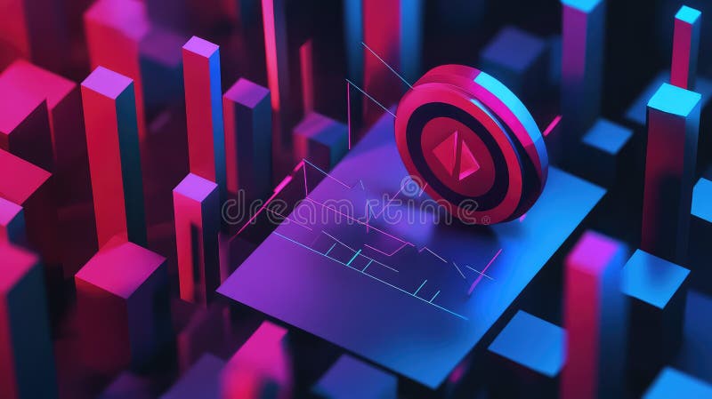 Blockchain technology concept showing a digital currency coin with a chart on a platform among abstract data visualization blocks, representing financial market trends and virtual assets. Blockchain network analysis stock images, royalty-free photos and pictures