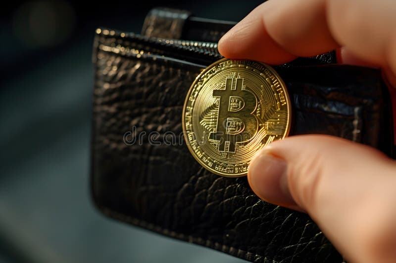 Concept criptomonedă, mână cu bitcoint în portofel royalty free stock photography