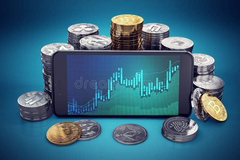 Cryptocurrency crece el gráfico exhibido en la pantalla del smartphone rodeada por diversas pilas de los cryptocurrencies stock de ilustración Cryptocurrency crece el gráfico exhibido en la pantalla del smartphone rodeada por diversas pilas de los cryptocurrencies stock de ilustración